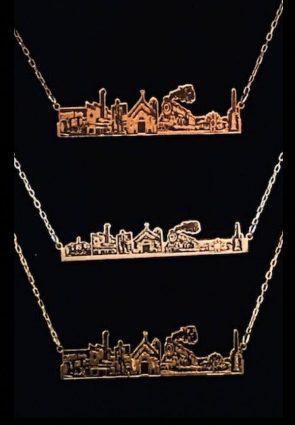 A trio of necklaces with different designs on them.