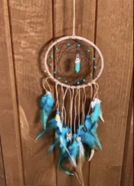 A blue and white dreamcatcher hanging on the wall.