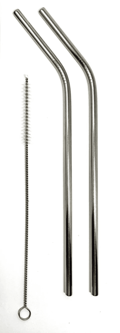 A set of three metal straws with a brush.