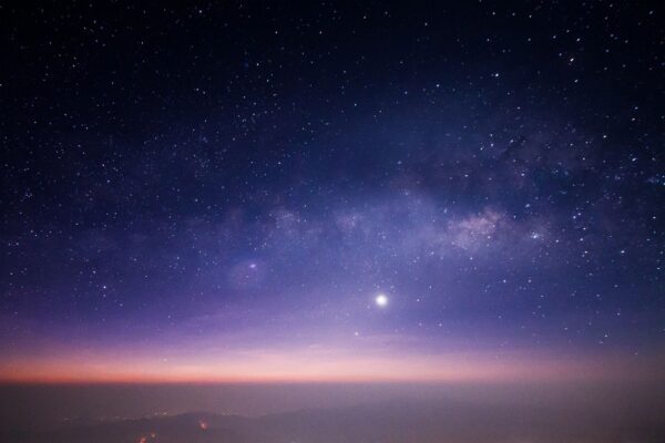 A view of the sky at night from an airplane.